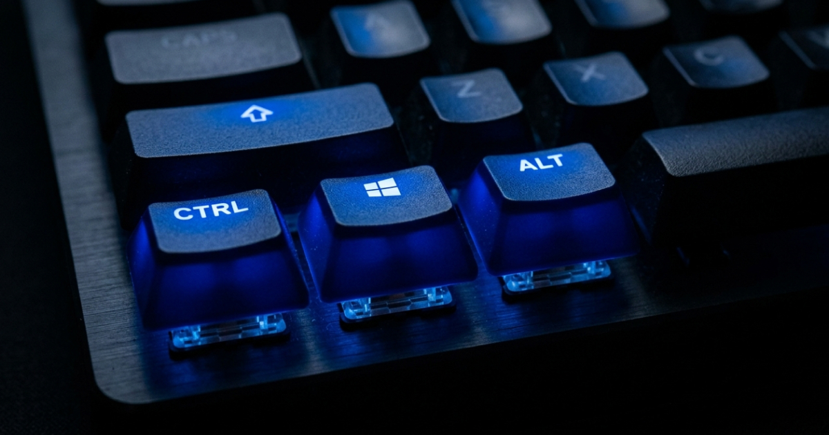 Como Usar o Atalhos de Teclado do Windows: Os 30 Mais Úteis 2 Teclado do Windows com teclas de atalho destacadas — Ctrl, Win, Alt iluminadas