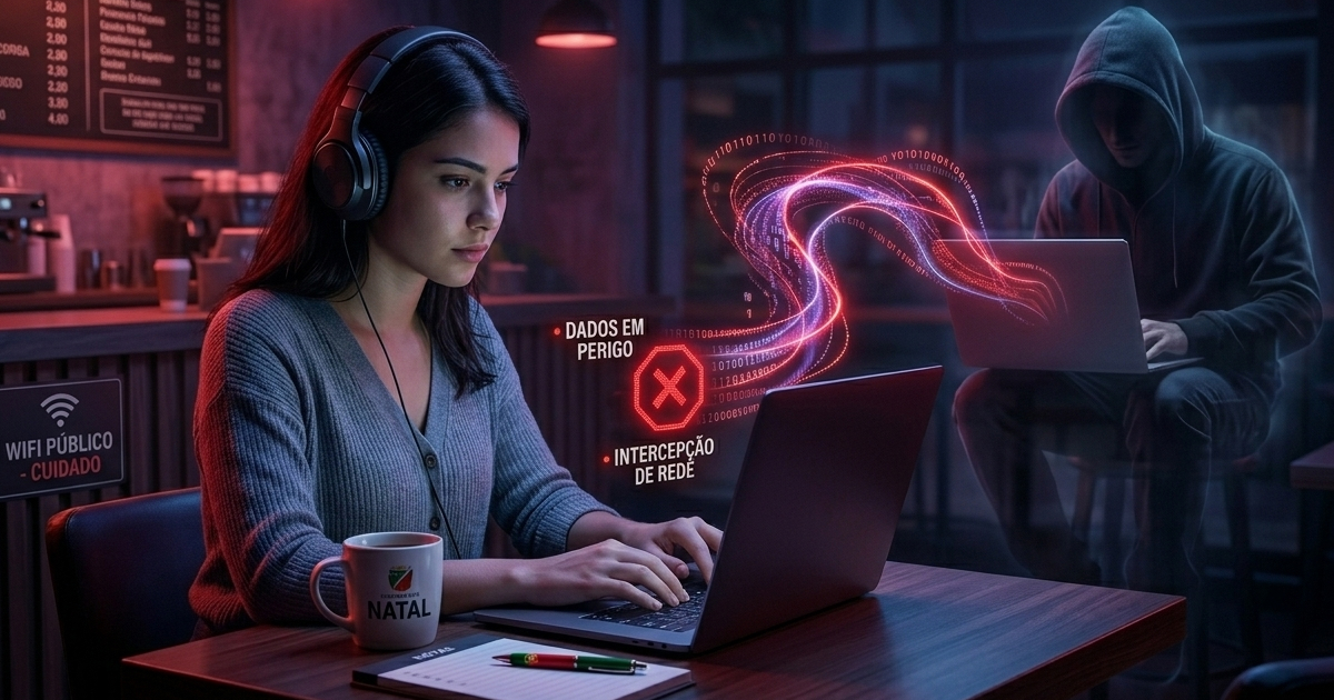 VPN Vale a Pena? O Que é, Para Que Serve e Quando Usar 2 Perigos de usar Wi-Fi público sem VPN — hacker interceptando dados em rede aberta